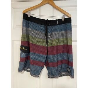 Maui and Sons‎ Board Shorts Swim Trunks Stretch Pixel Grey Blue Red Mens 34x10 L